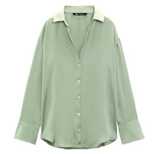 NWOT Zara Sage Green Satin Button Down Blouse
